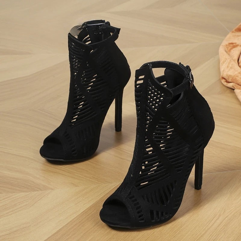 Women's Black Cutout Mesh Peep-Toe Heels Corvine