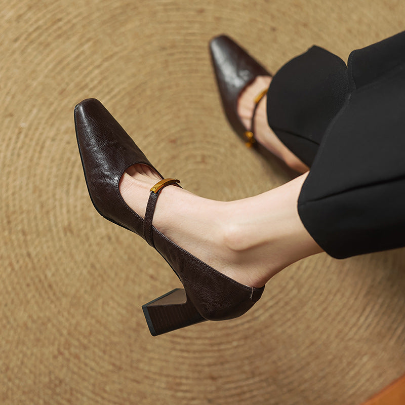 Women's Black Genuine Lambskin Leather Block Heel Pumps Corvine