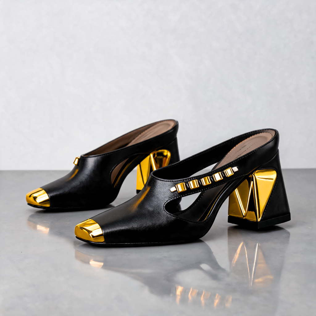 Women's Black Leather Block Heels Corvine