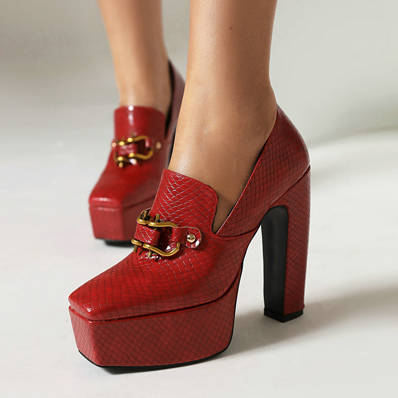 Women's Black Leather Platform Heels Corvine