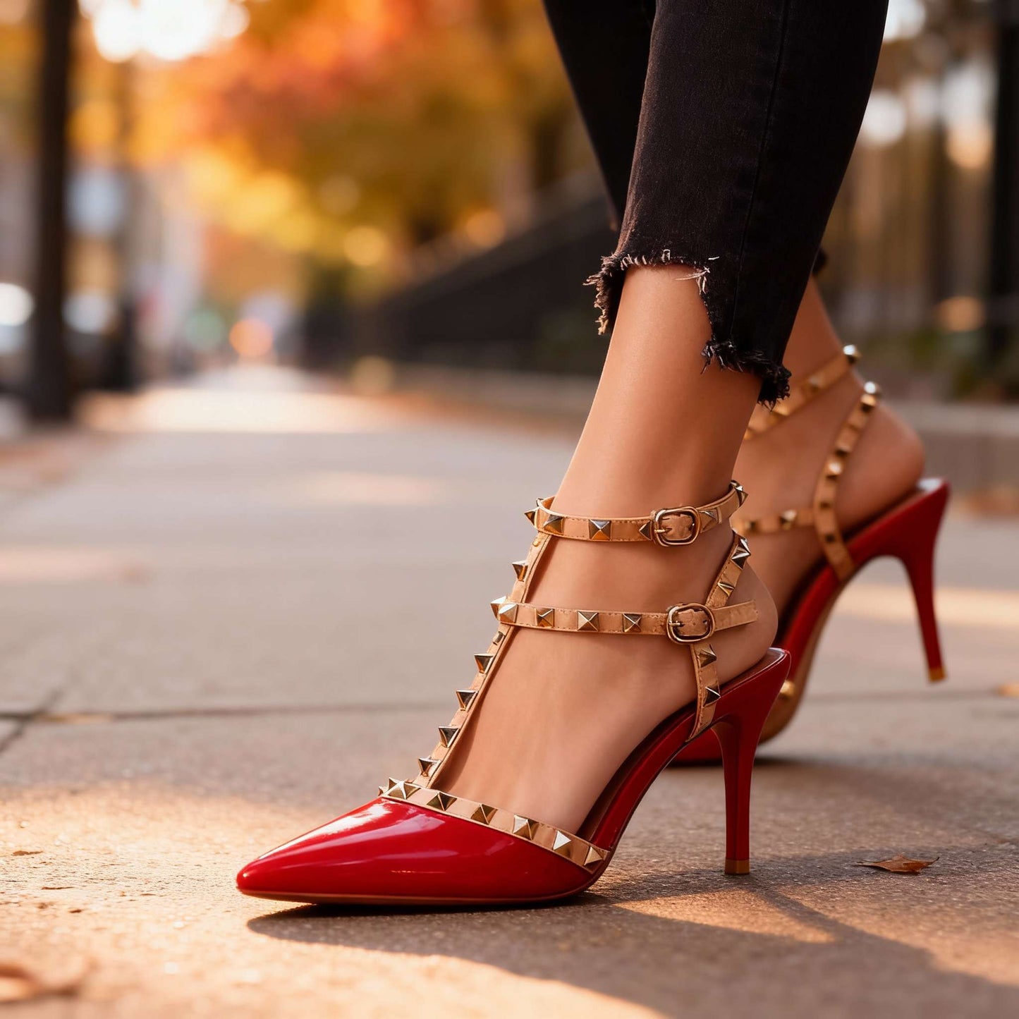 Women's Black Pointed Heels with Studded Straps Corvine