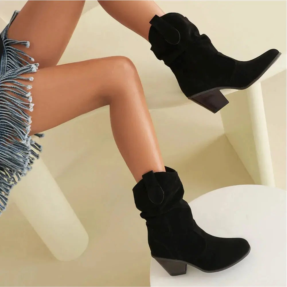 Women's Black Ruched Mid-Calf Western Boots Corvine