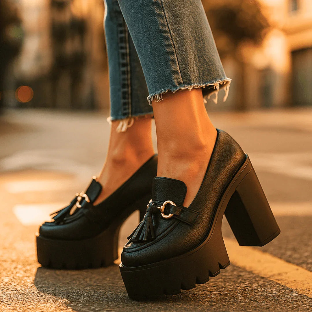 Women's Black Sculpted Block Heel Loafers Corvine