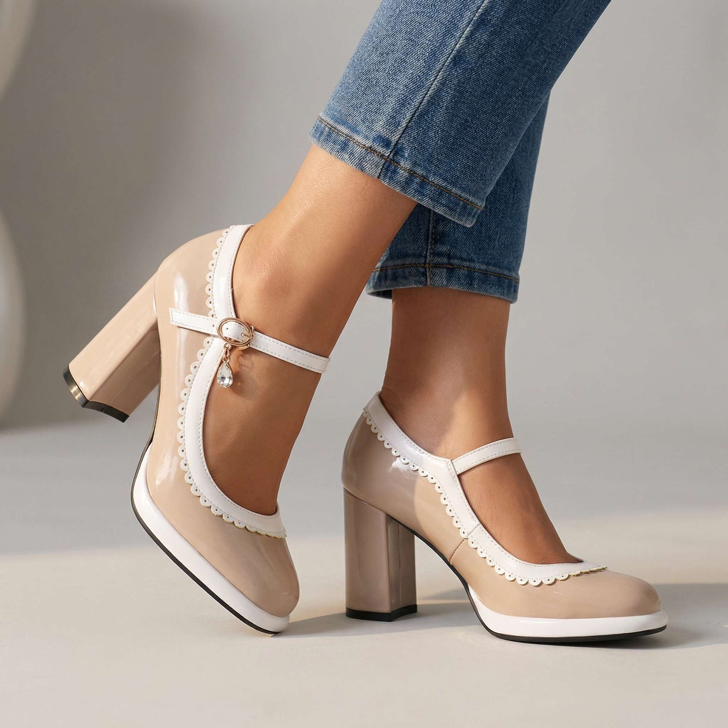 Women's Black Synthetic Block Heel Mary Jane Pumps Corvine