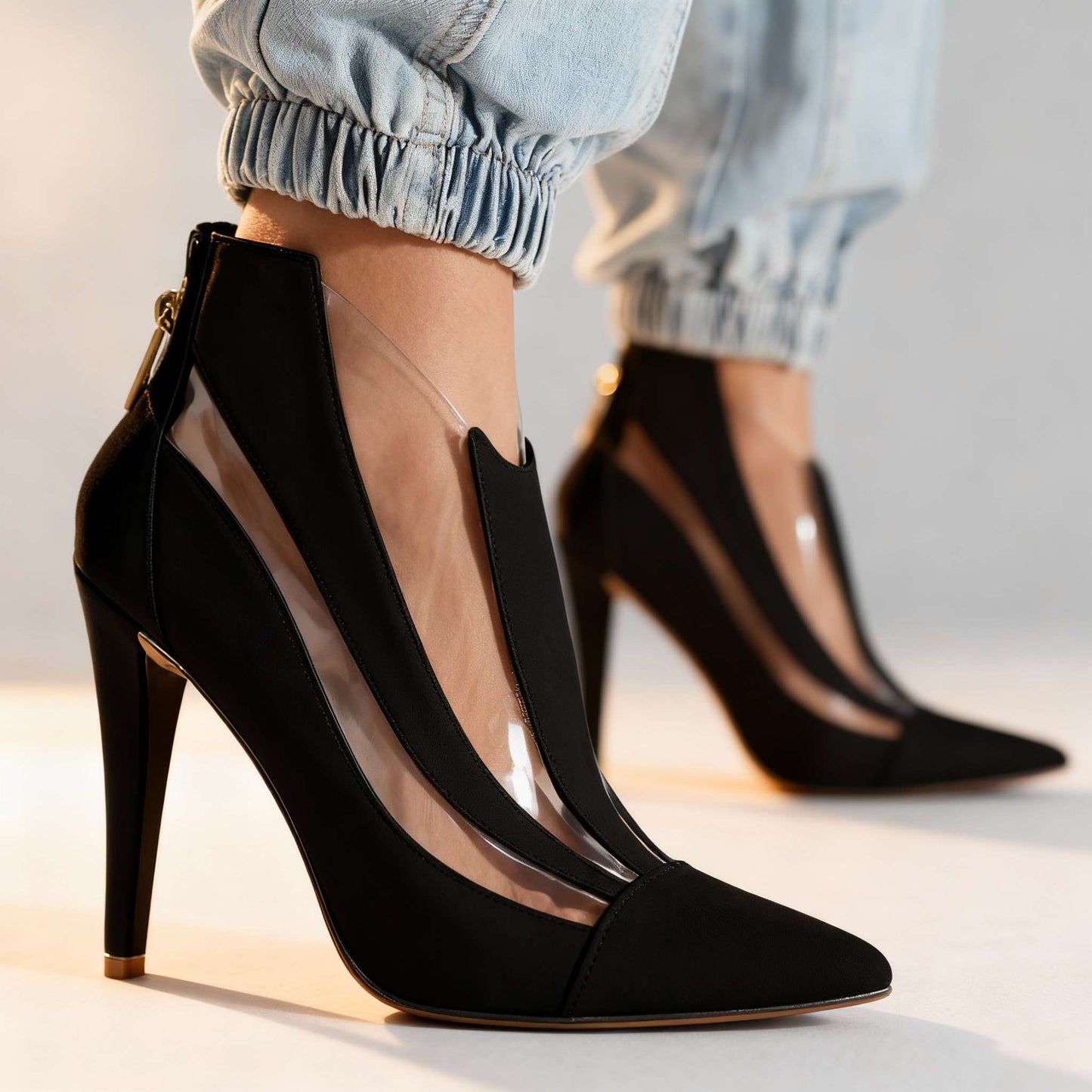 Women's Black Transparent Panel Pointed Heels Corvine