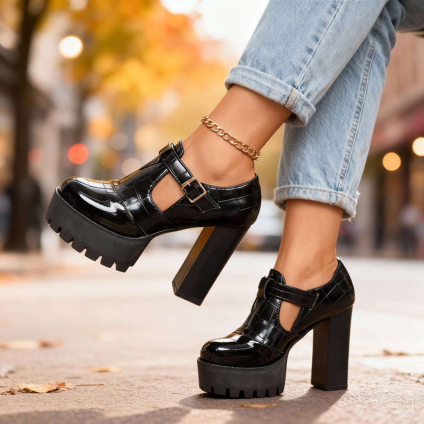 Women's Croc-Embossed Leather Block Heels Corvine