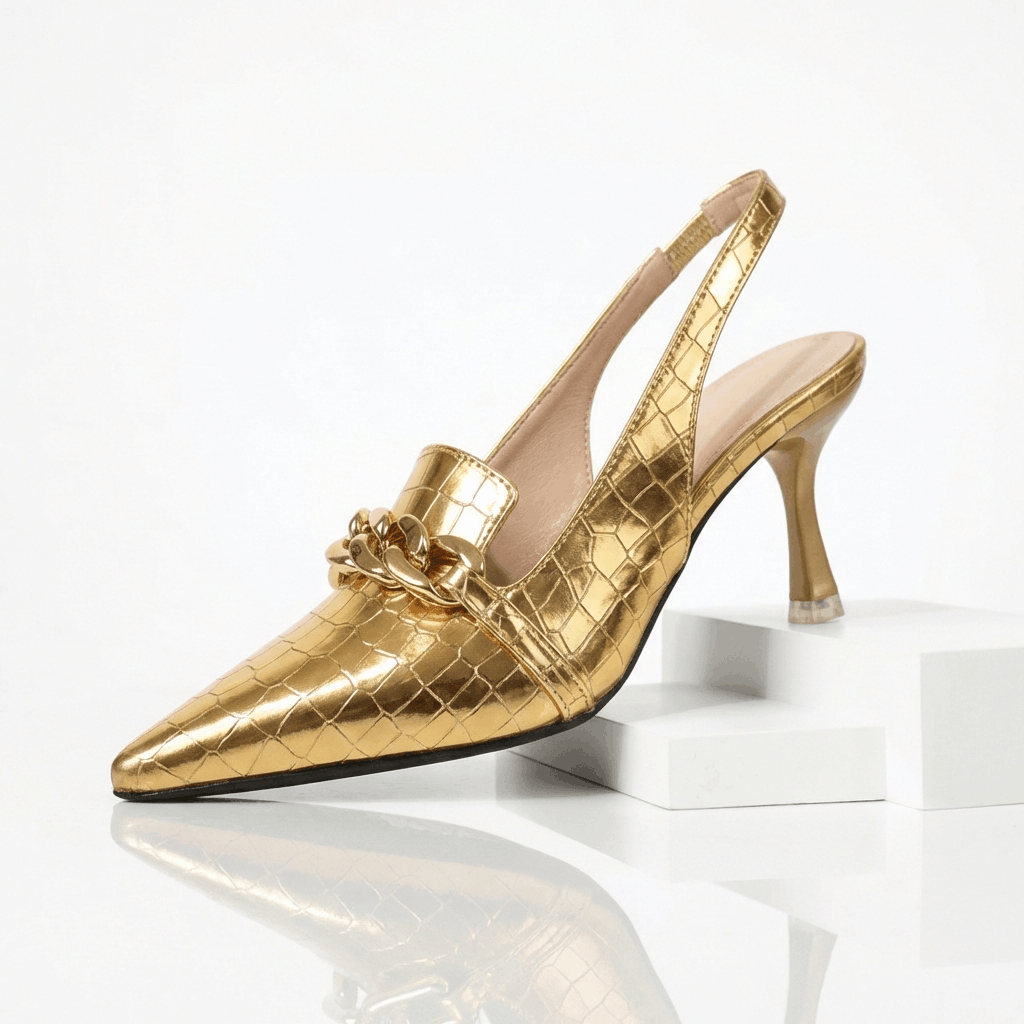 Women's Croc-Embossed Leather Pointed Gold Heels Corvine