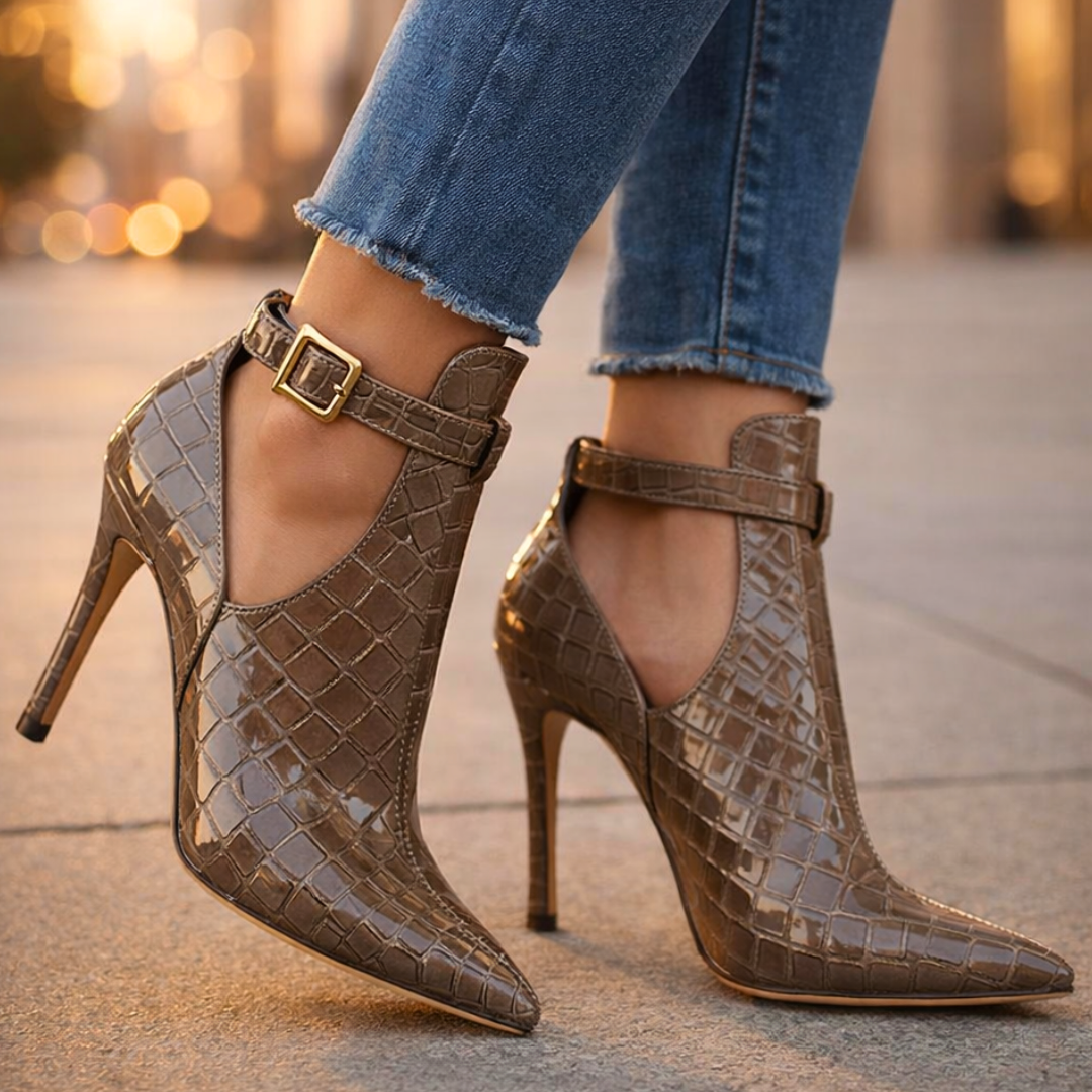 Women's Croc-Embossed Leather Stiletto Heel Booties Corvine