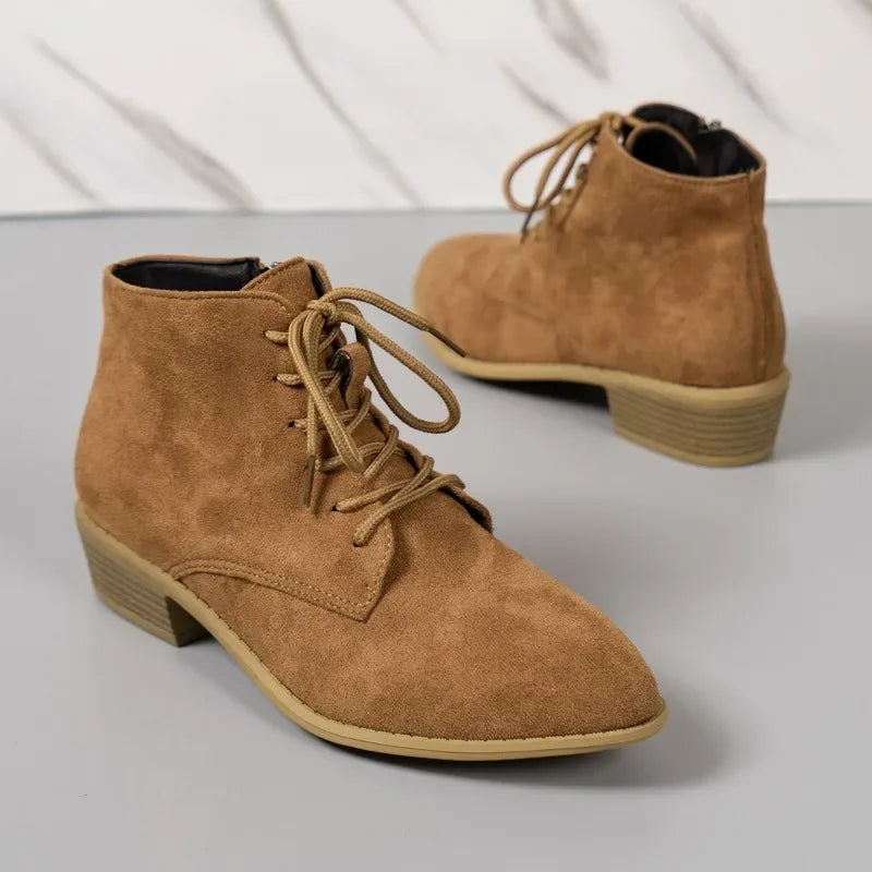 Women's Faux Suede Lace-Up Black Ankle Boots Corvine