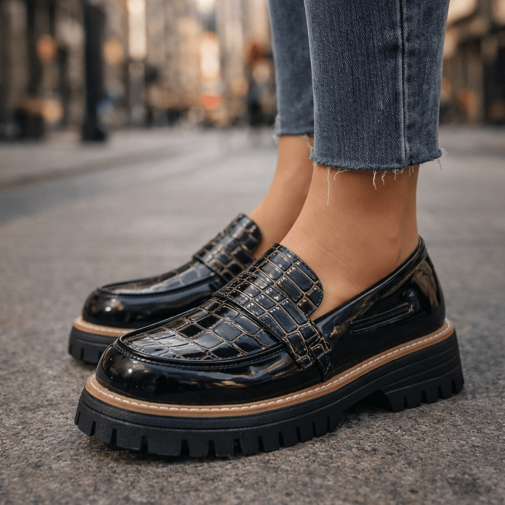 Women's Glossy Croc-Embossed Chunky Platform Loafers Corvine