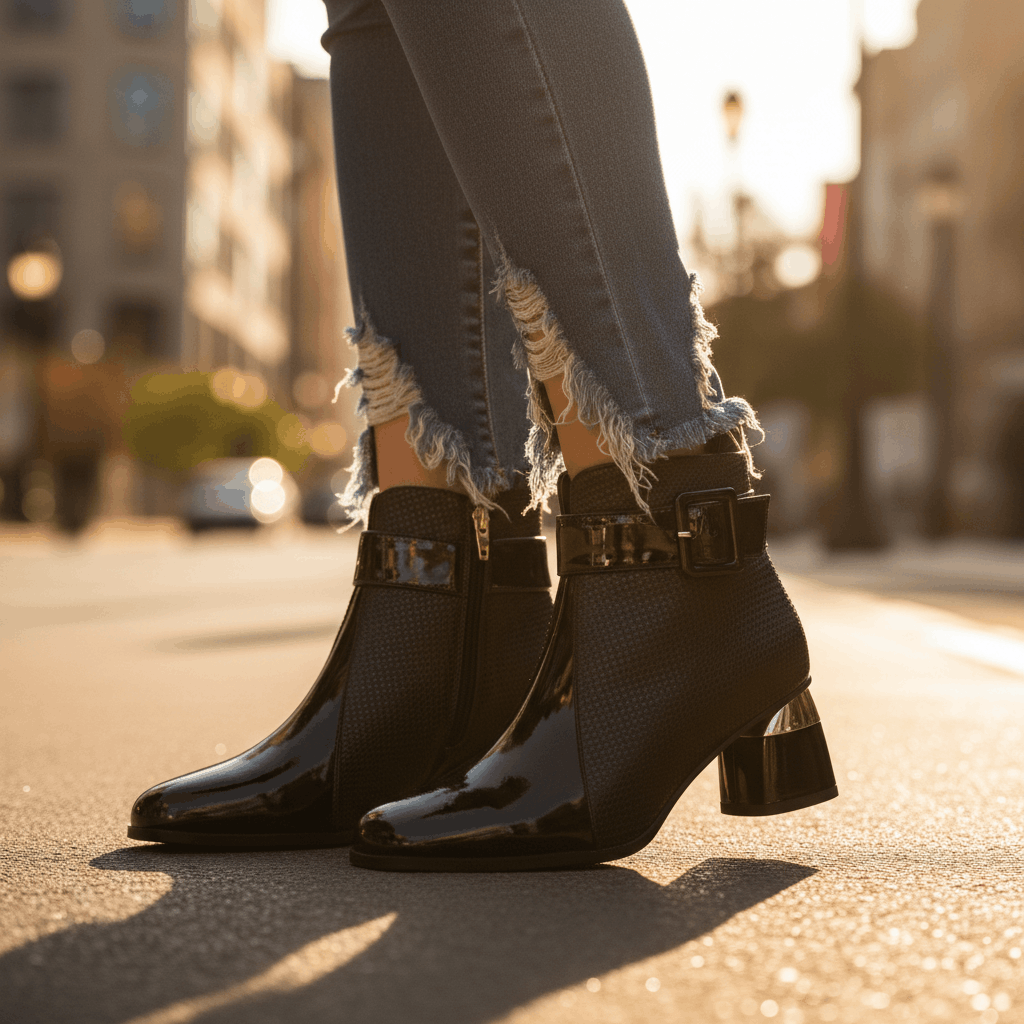 Women's Glossy Leather Black Ankle Boots Corvine