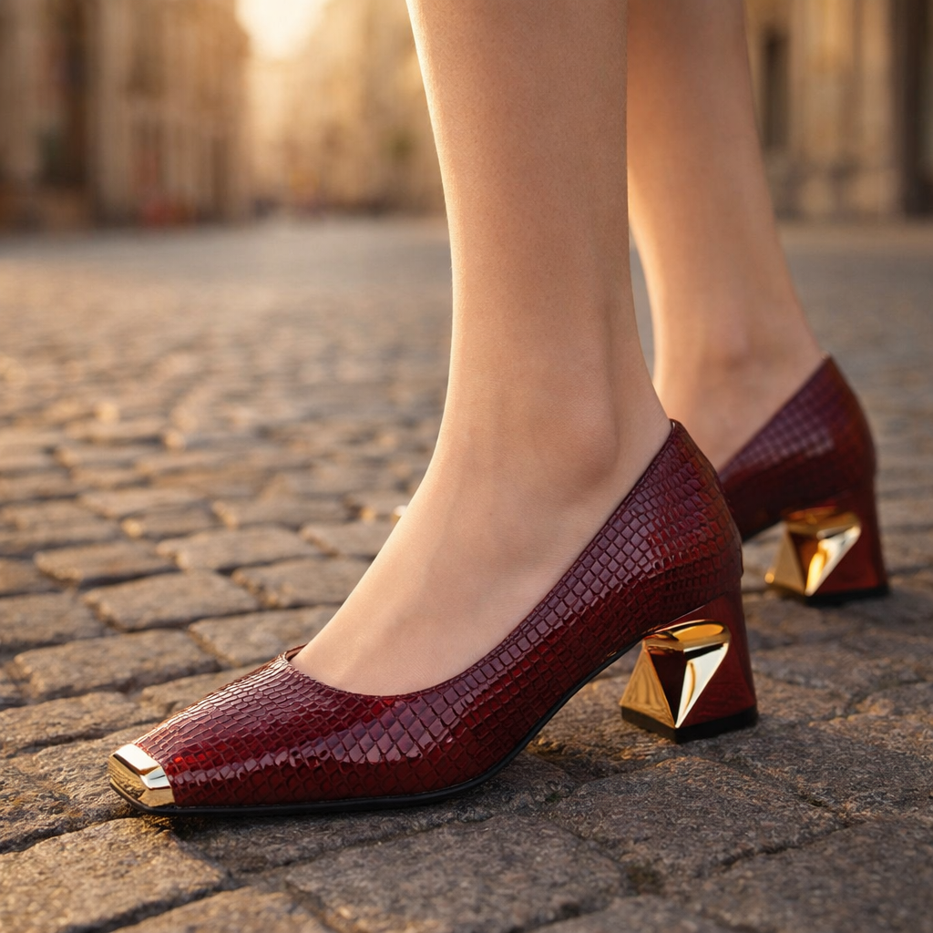 Women's Glossy Snake-Embossed Square Toe Block Heel Shoes Corvine