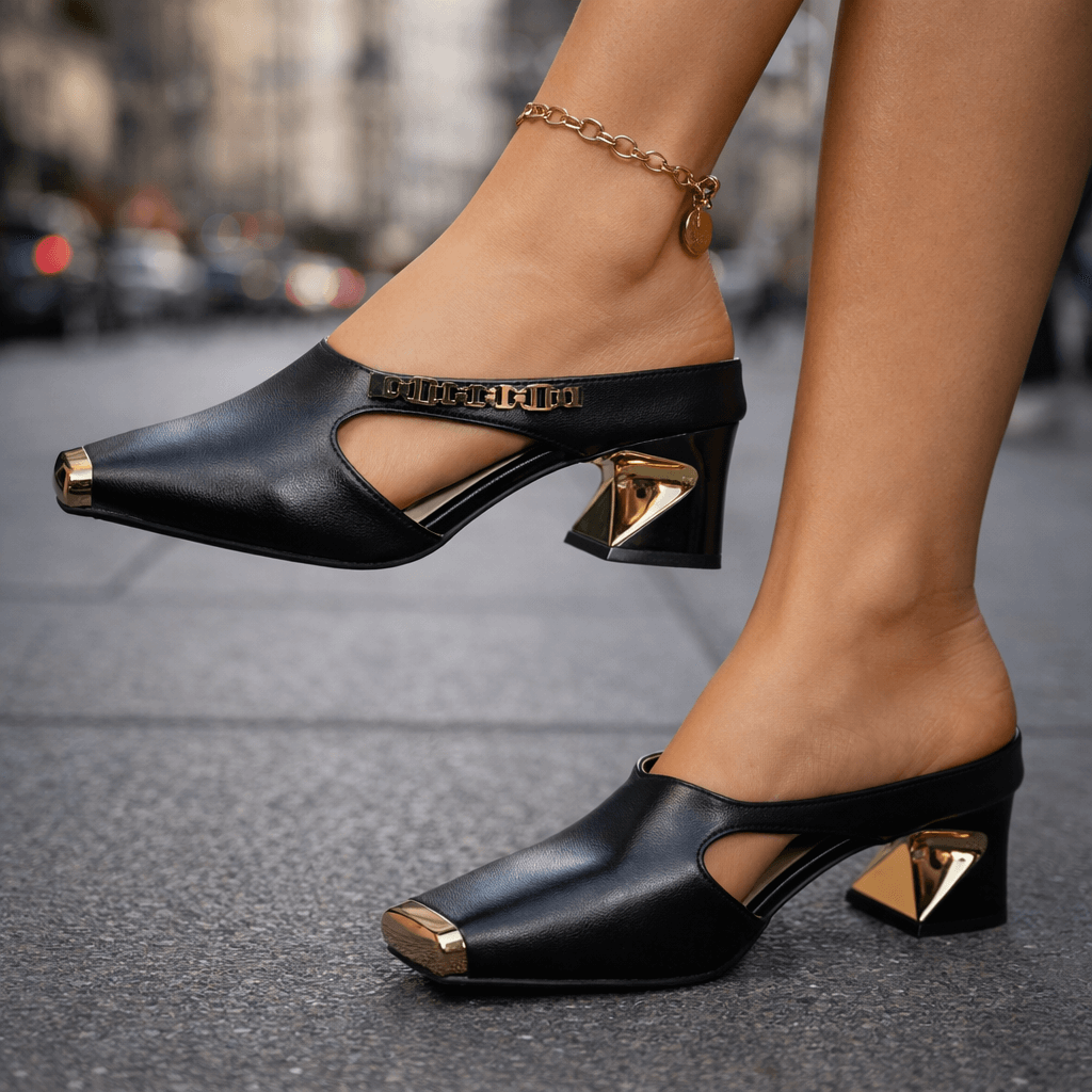 Women's Leather Gold-Tipped Heeled Mules Shoes Corvine
