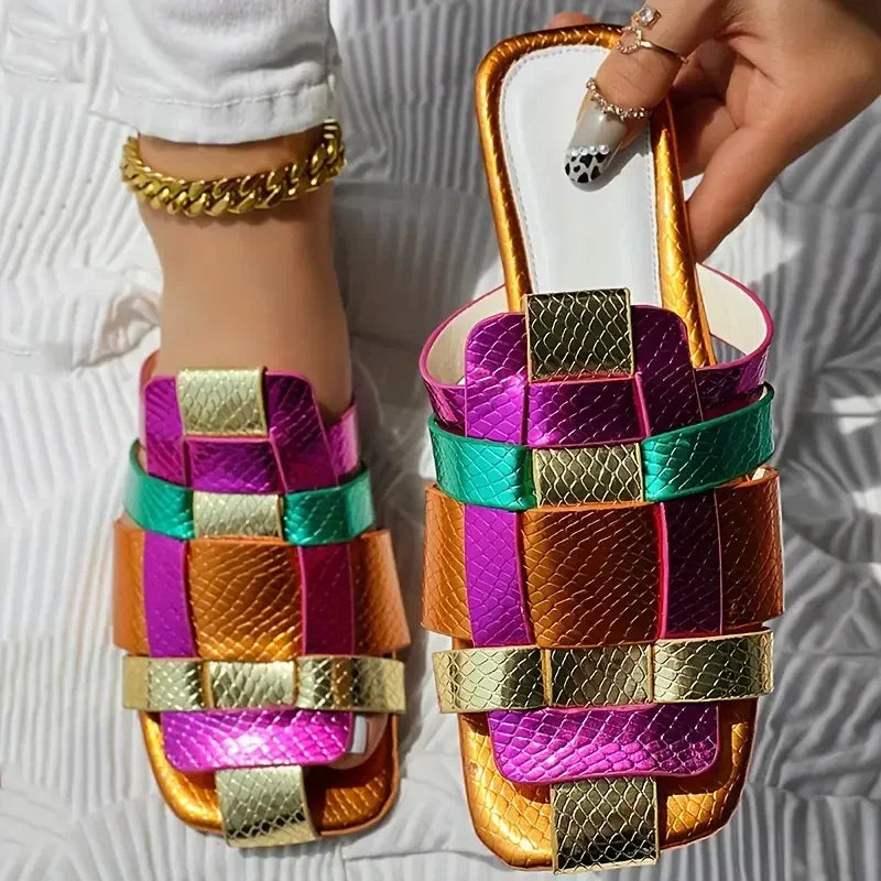 Women's Metallic Woven Square-Toe Sandals Corvine