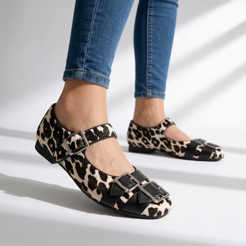 Women's Pony Hair Leopard Print Mary Jane Flats Corvine