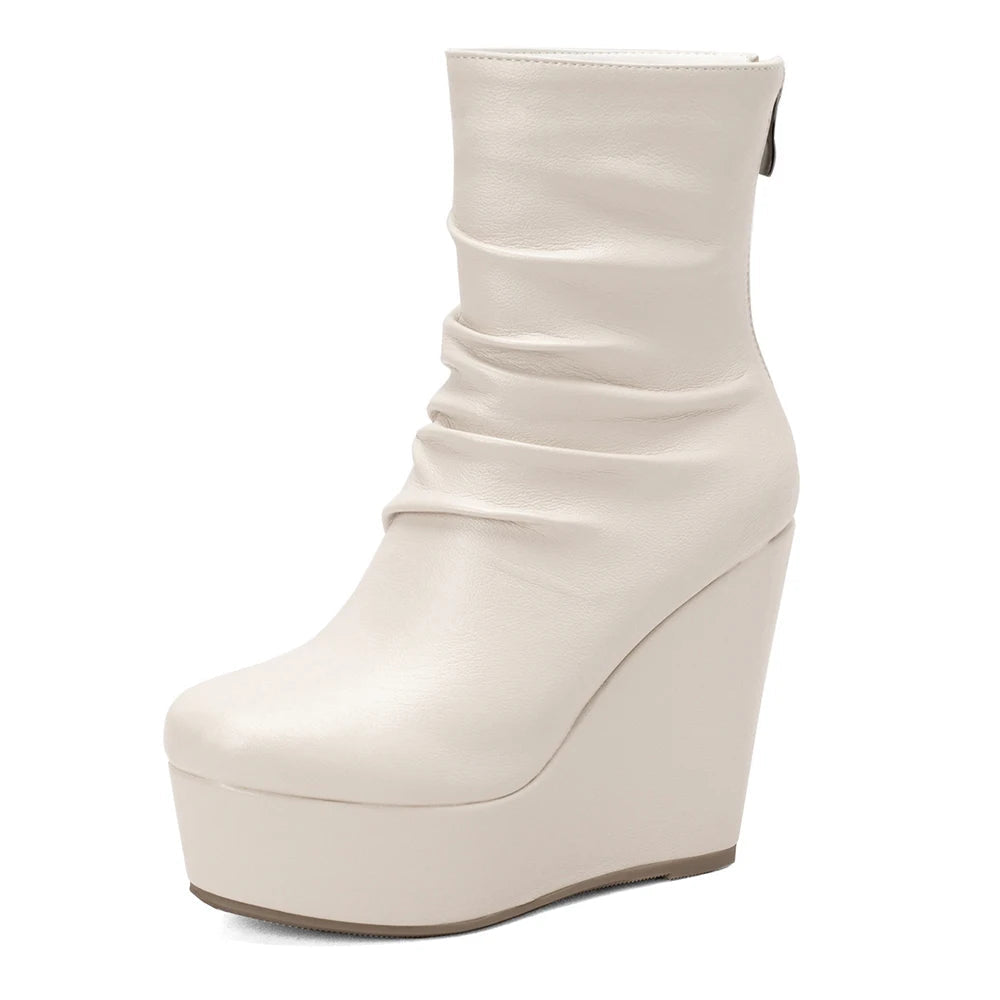 Women's Premium Leather Ruched Platform Wedges Corvine