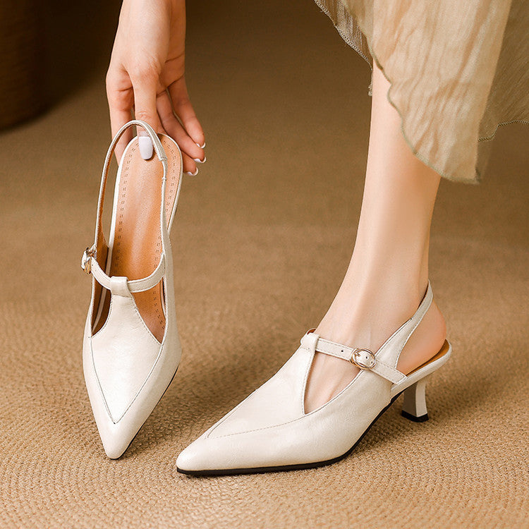 Women's Premium Leather T-Strap Slingback Heels Corvine