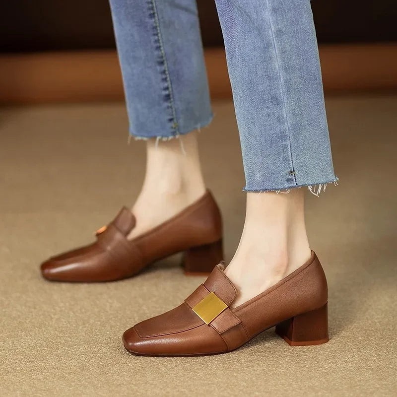Women's Smooth Leather Block Heel Heels Corvine