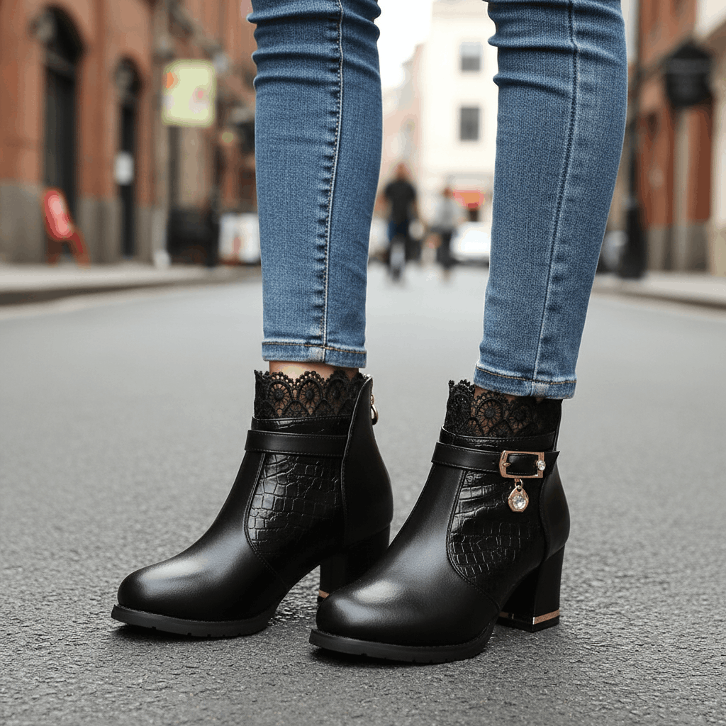 Women's Smooth Leather Croc-Effect Black Ankle Boots Corvine