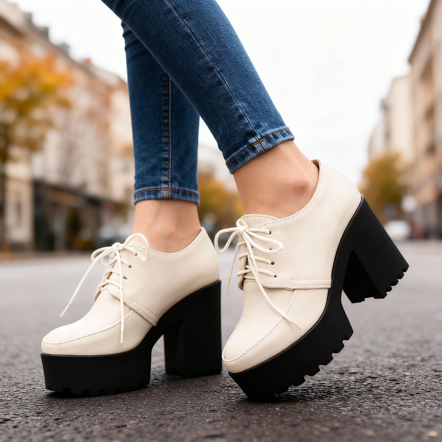 Women's Smooth Vegan Leather Lace-Up Block Heels Corvine