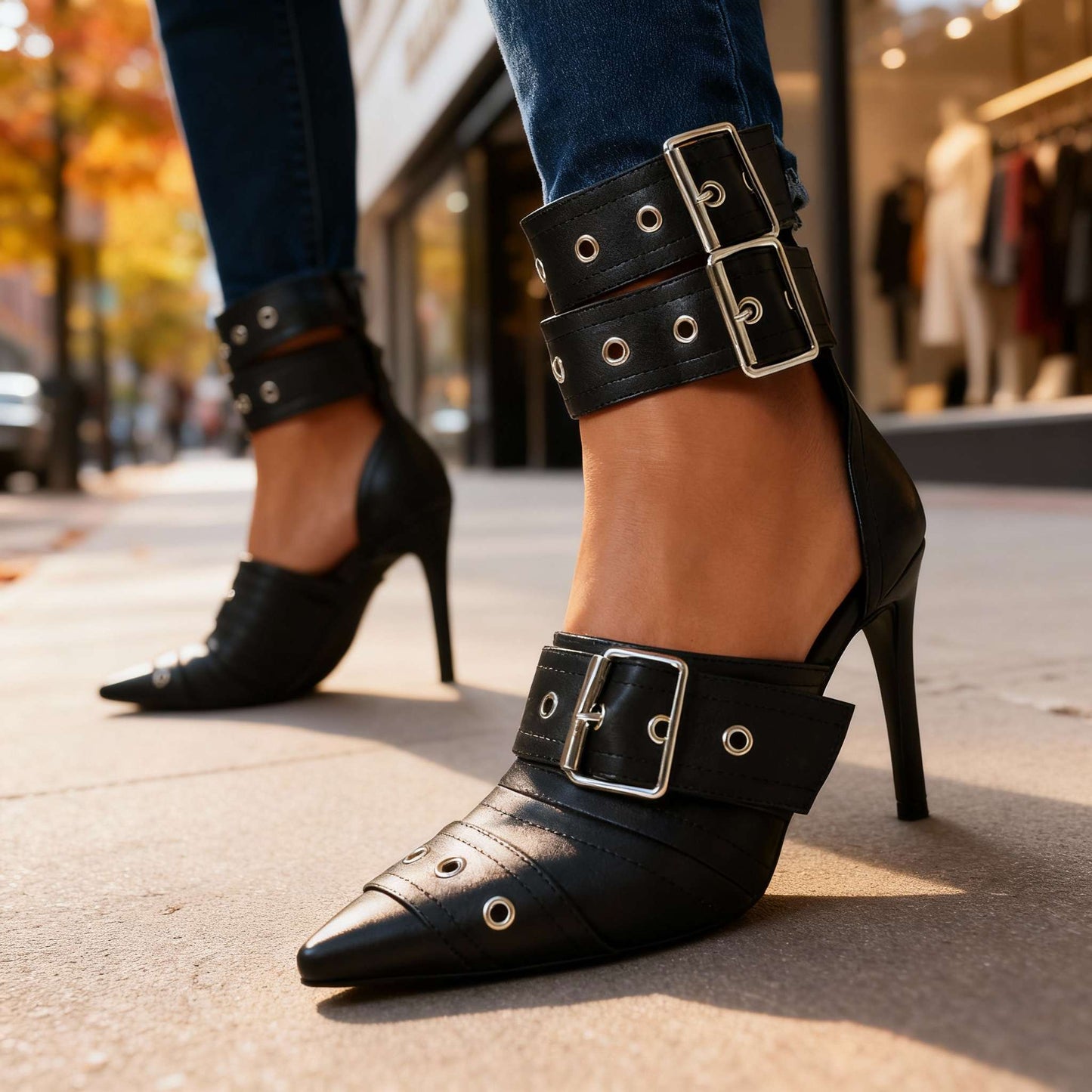 Women's Triple-Buckle Leather Heels Corvine