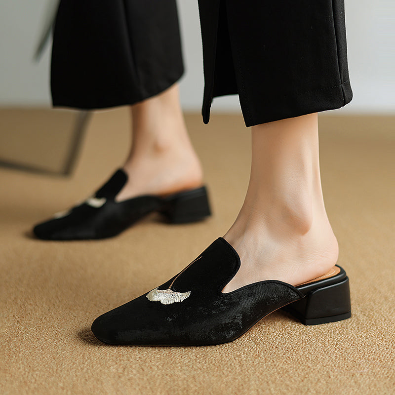 Women's Velvet Block Heel Mules Shoes Corvine