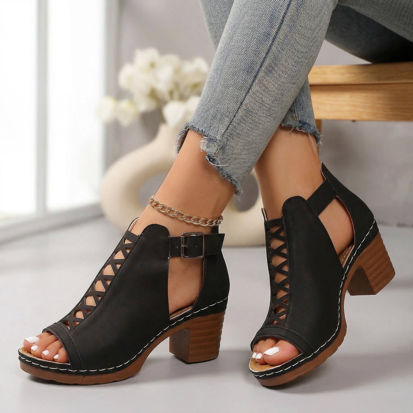 Women's White Open Toe Buckle Heels Corvine