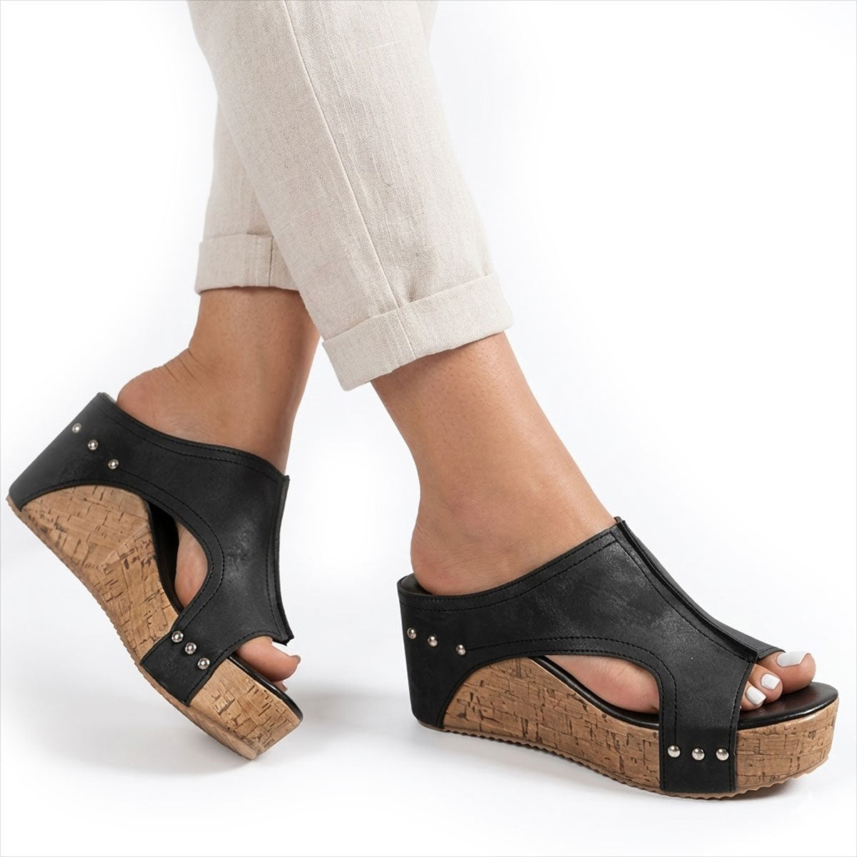 Women's Studded Cork-Effect Wedge Mules Corvine