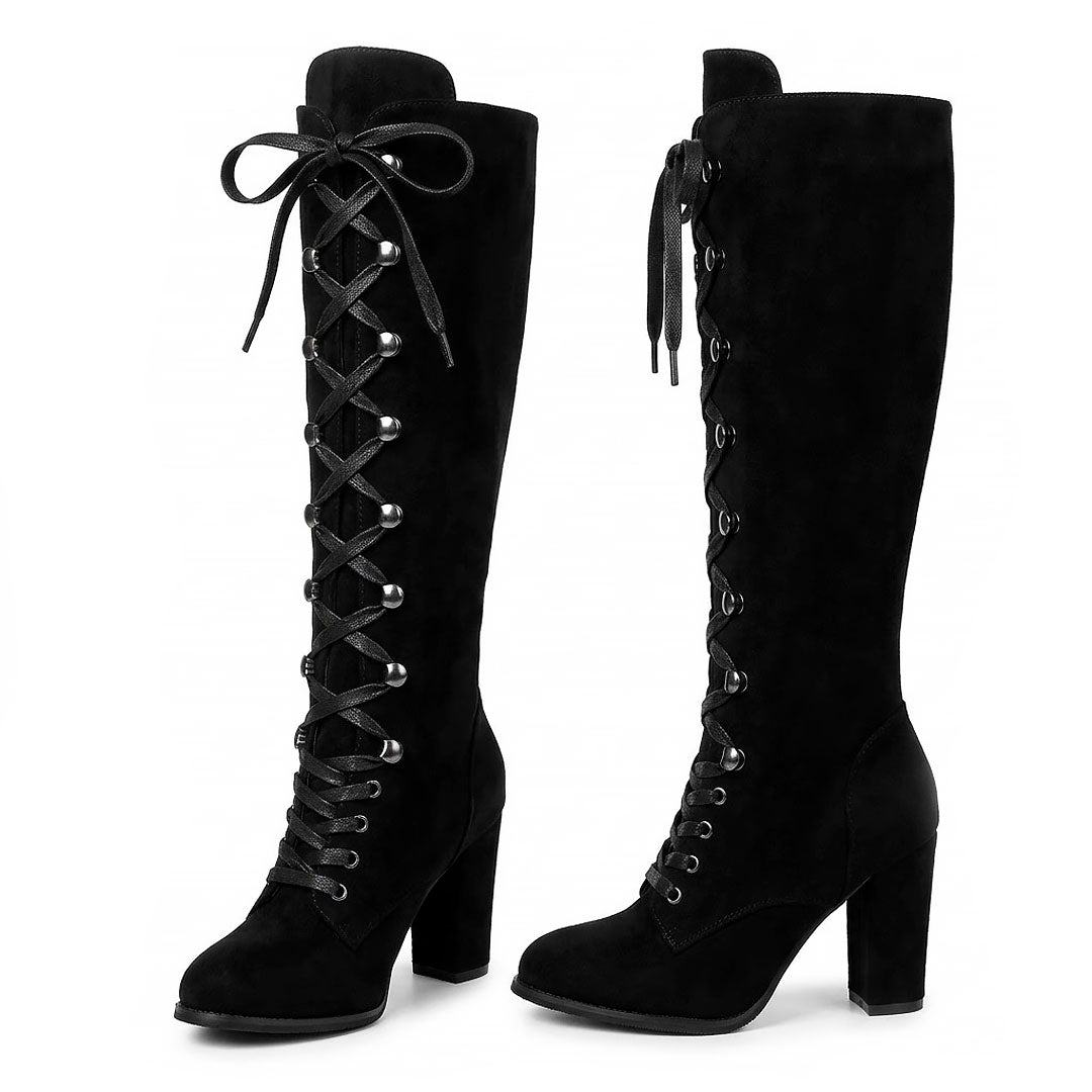 Women's Knee-High Lace-Up Block Heel Boots Corvine