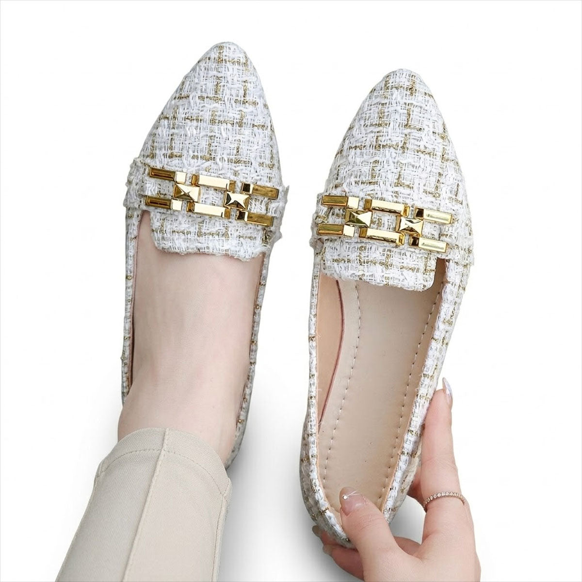 Women's Tweed Chain-Detail Pointed Flats Corvine