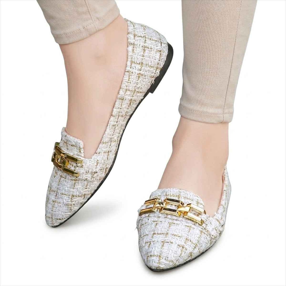 Women's Tweed Chain-Detail Pointed Flats Corvine