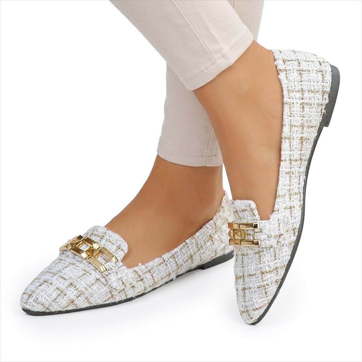 Women's Tweed Chain-Detail Pointed Flats Corvine