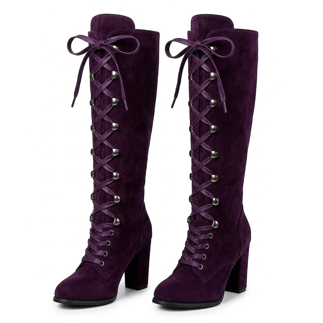 Women's Knee-High Lace-Up Block Heel Boots Corvine