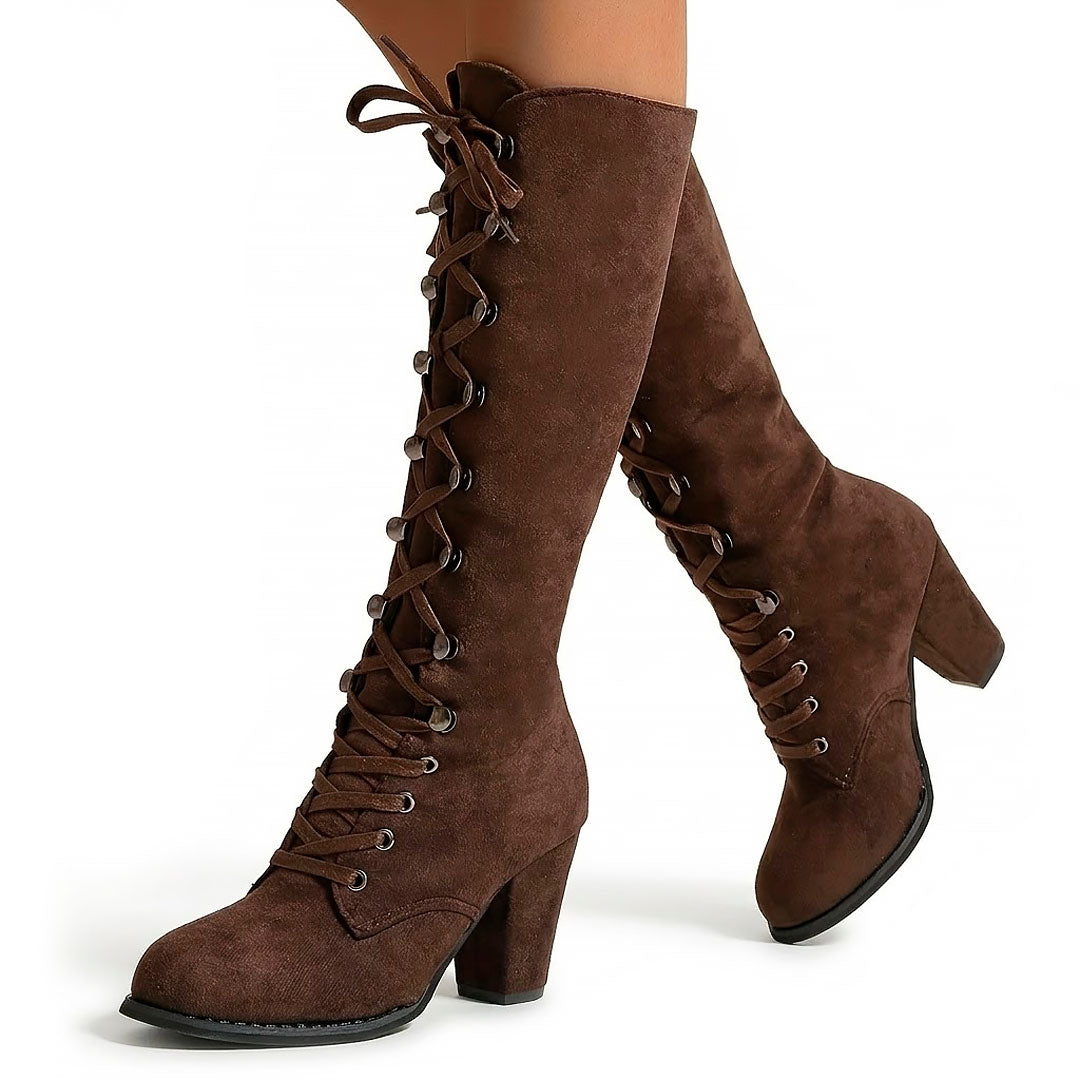 Women's Knee-High Lace-Up Block Heel Boots Corvine