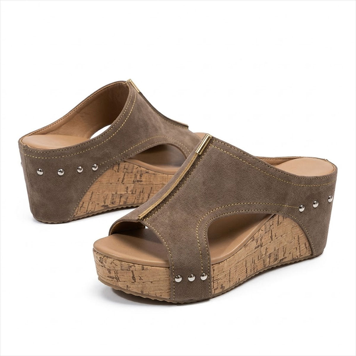 Women's Studded Cork-Effect Wedge Mules Corvine