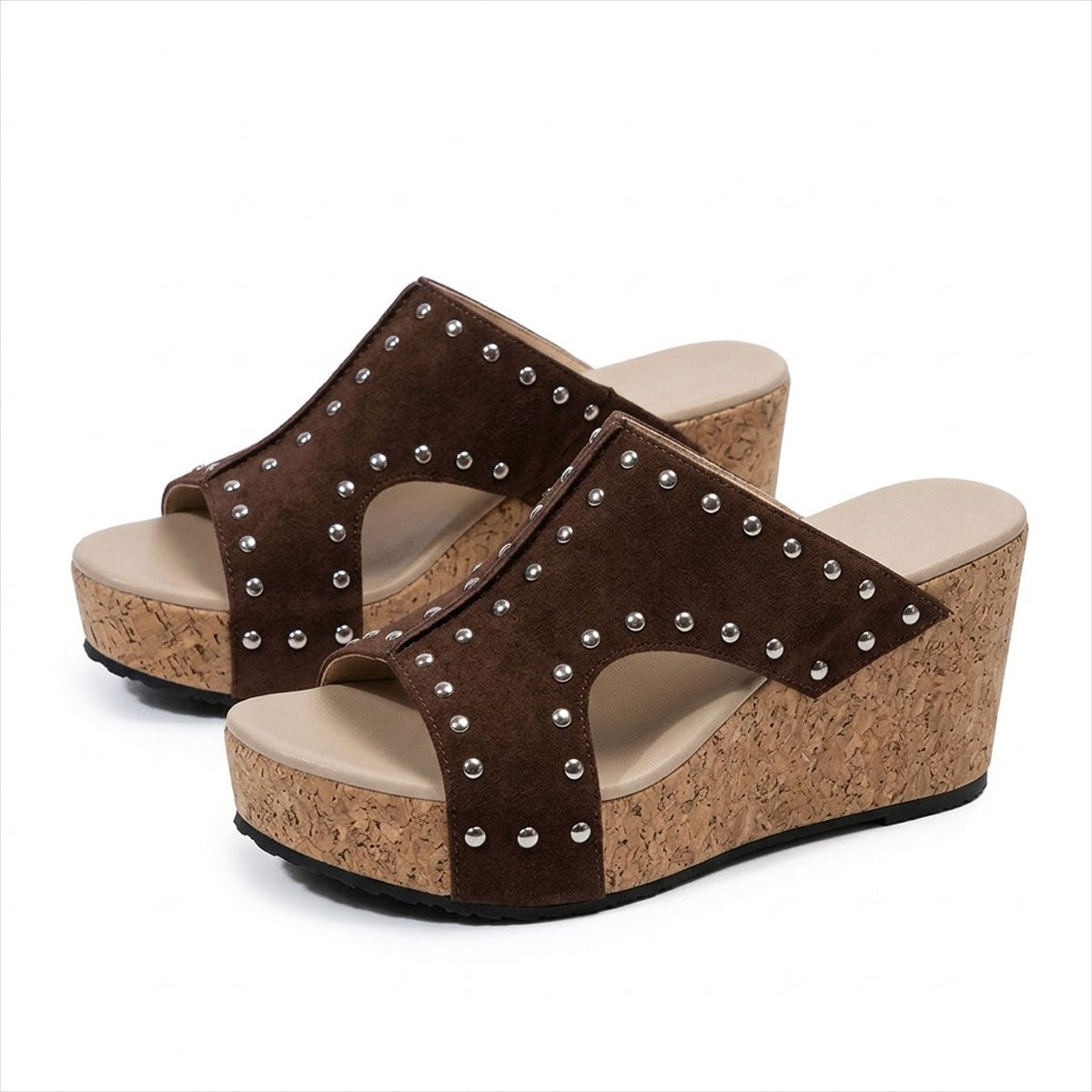 Women's Studded Cork-Effect Wedge Mules Corvine