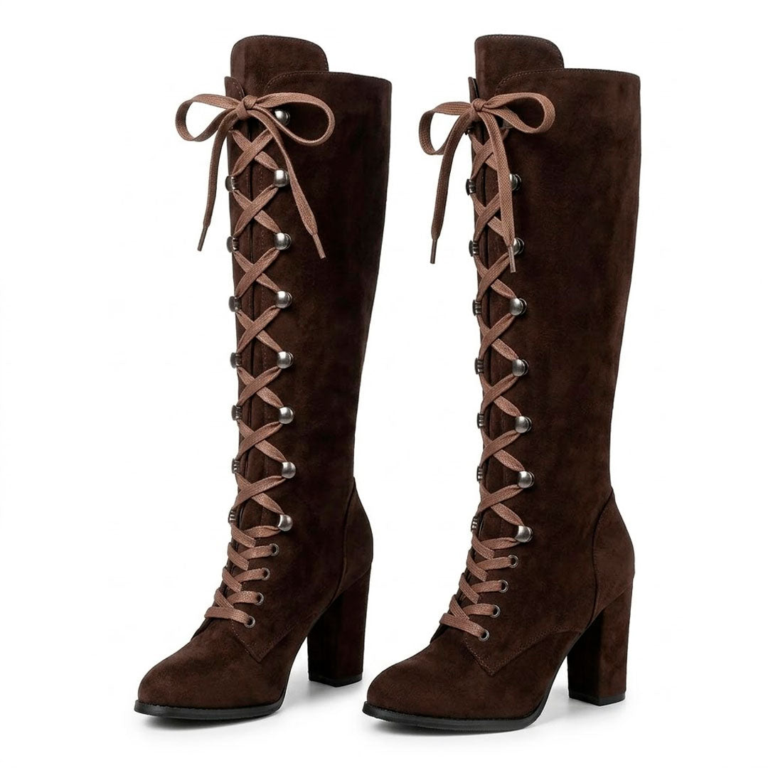 Women's Knee-High Lace-Up Block Heel Boots Corvine