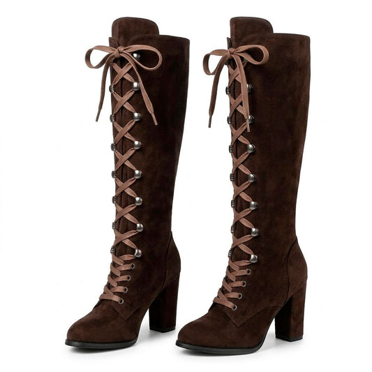 Women's Knee-High Lace-Up Block Heel Boots Corvine
