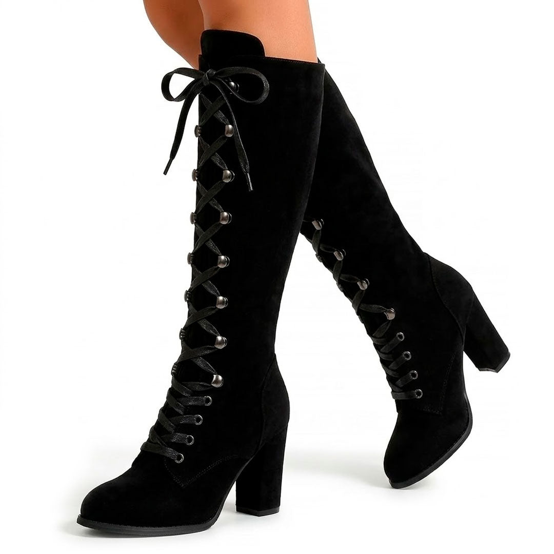 Women's Knee-High Lace-Up Block Heel Boots Corvine
