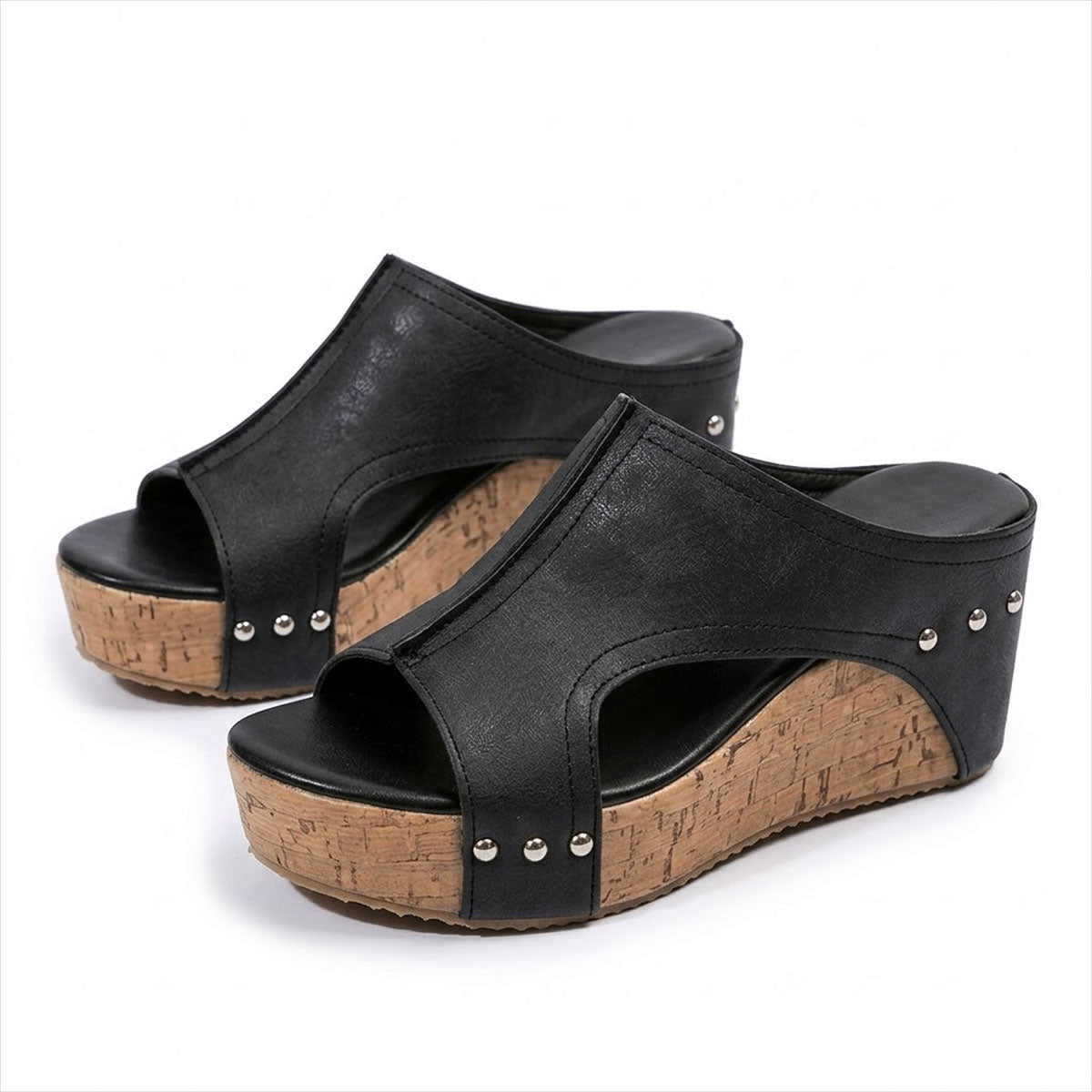 Women's Studded Cork-Effect Wedge Mules Corvine