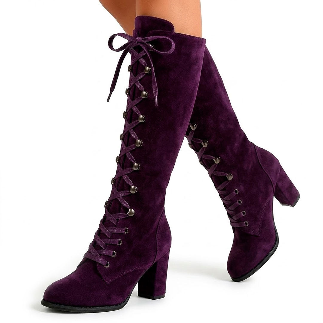 Women's Knee-High Lace-Up Block Heel Boots Corvine
