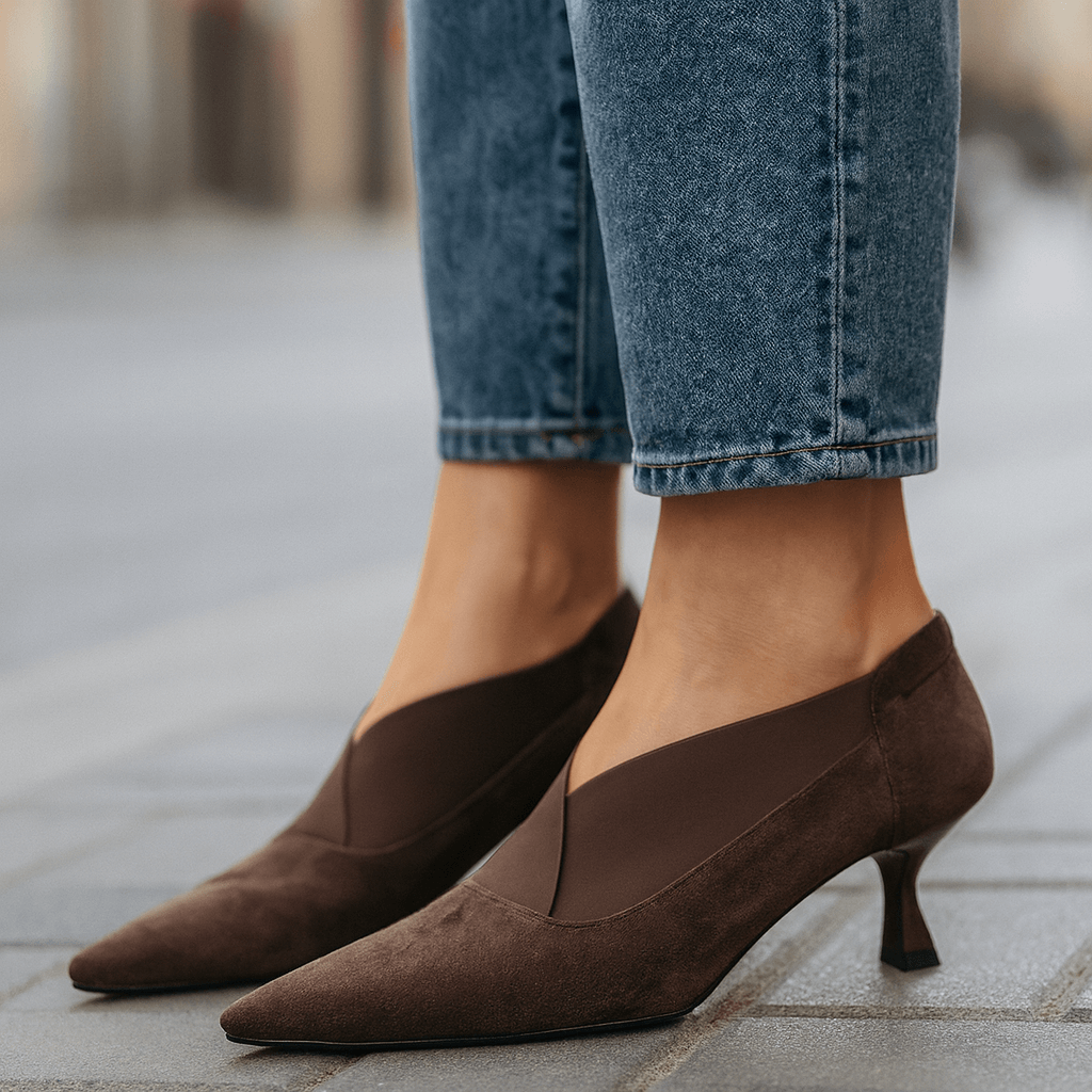 Elegant Suede Heels | Women's Slip-On Design with V-Shaped Elastic Gore | Stylish Kitten Heel for All-Day Comfort 0