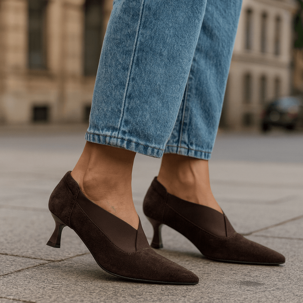 Elegant Suede Heels | Women's Slip-On Design with V-Shaped Elastic Gore | Stylish Kitten Heel for All-Day Comfort 1