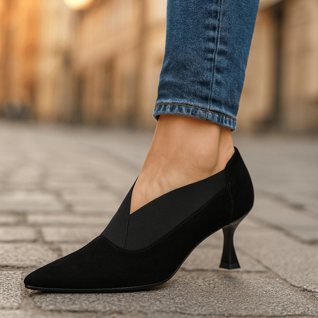 Elegant Suede Heels | Women's Slip-On Design with V-Shaped Elastic Gore | Stylish Kitten Heel for All-Day Comfort 2