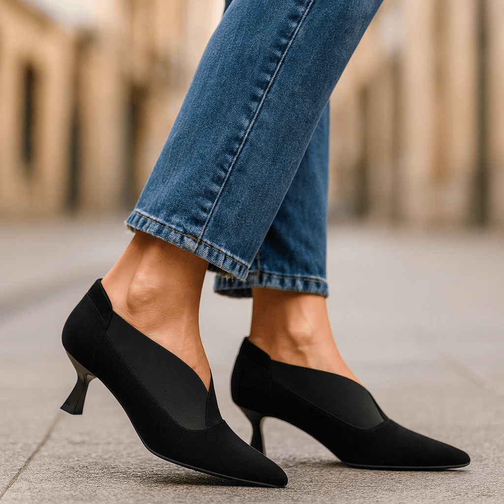 Elegant Suede Heels | Women's Slip-On Design with V-Shaped Elastic Gore | Stylish Kitten Heel for All-Day Comfort 3