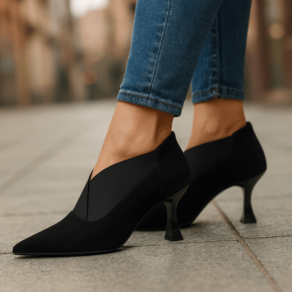 Elegant Suede Heels | Women's Slip-On Design with V-Shaped Elastic Gore | Stylish Kitten Heel for All-Day Comfort 4
