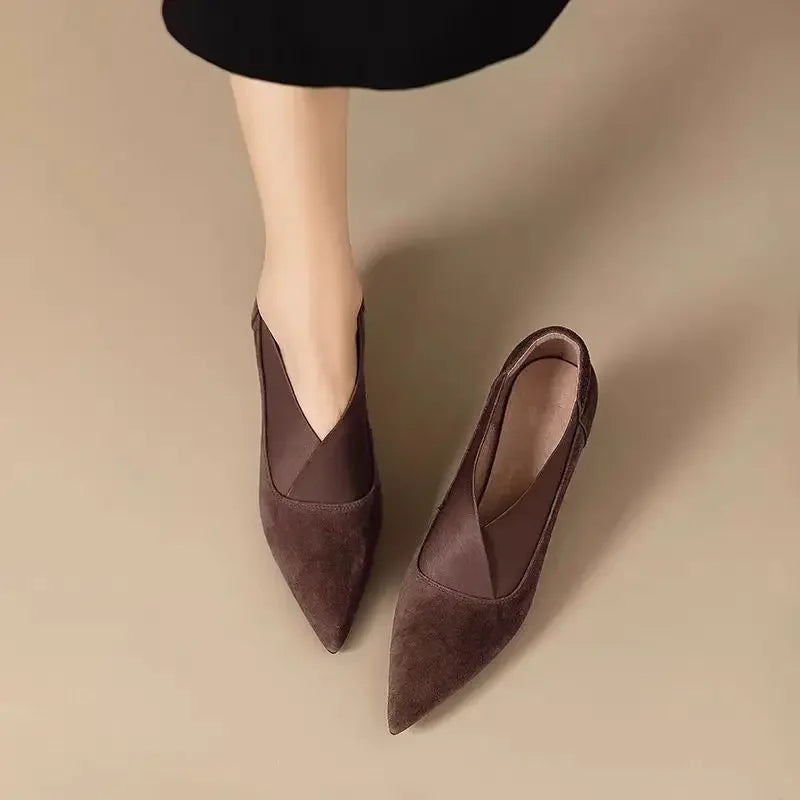 Elegant Suede Heels | Women's Slip-On Design with V-Shaped Elastic Gore | Stylish Kitten Heel for All-Day Comfort 5