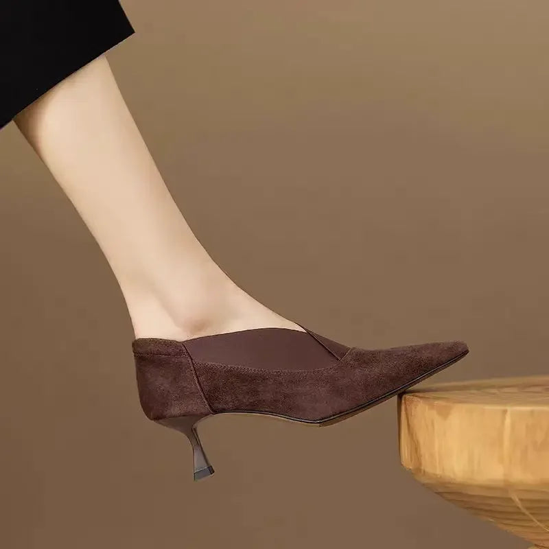 Elegant Suede Heels | Women's Slip-On Design with V-Shaped Elastic Gore | Stylish Kitten Heel for All-Day Comfort 8
