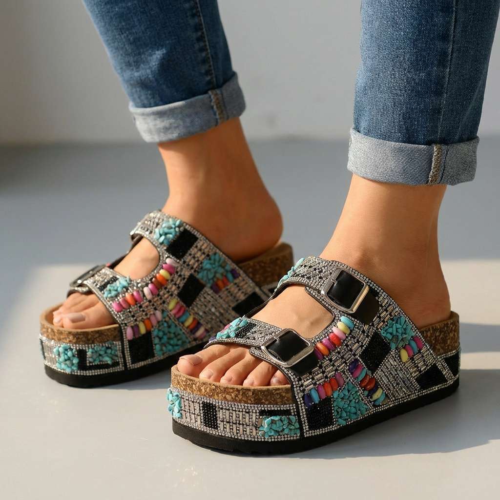 Women's Beaded Multi-Strap Platform Slides Corvine