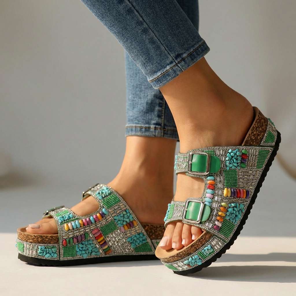 Women's Beaded Multi-Strap Platform Slides Corvine